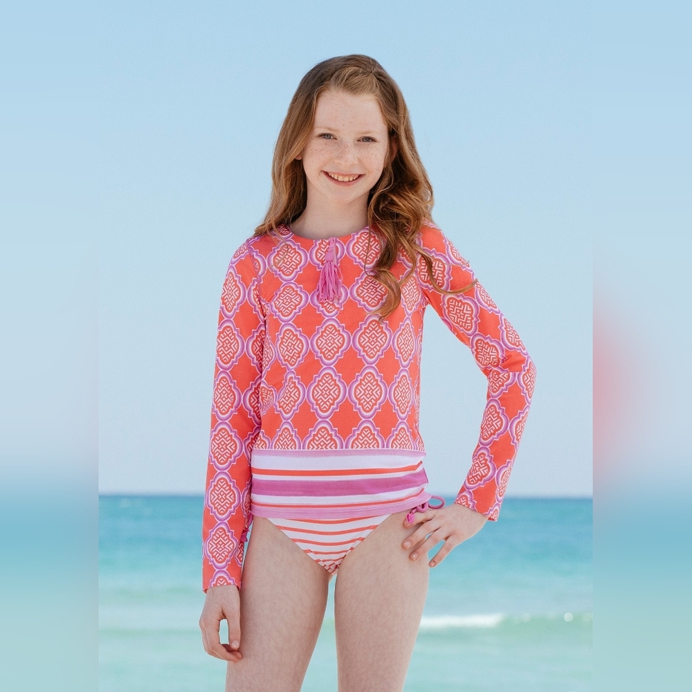 CABANA LIFE | Coral Geo 2-Piece Girls Rashguard Swimsuit